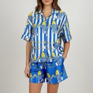 VINTAGE 90s Davenport Bananas in Pyjamas Polyester Satin Stripe Pajama Short Set